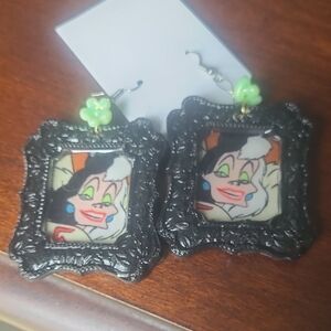 Black Ornate Frame Drop Earrings with Green Flower Accent Cruella Villian